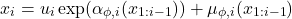 \begin{align*}x_i = u_i \exp(\alpha_{\phi,i}(x_{1:i-1})) + \mu_{\phi,i}(x_{1:i-1})\end{align*}