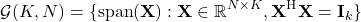 \[\mathcal{G}(K,N) = \{ \mathrm{span}(\mathbf{X}): \mathbf{X} \in \mathbb{R}^{N\times K}, \mathbf{X}^\mathrm{H}\mathbf{X} = \mathbf{I}_k \}\]