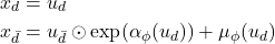 \begin{align*}x_d &= u_d\\ x_{\bar d} &= u_{\bar d} \odot \exp(\alpha_\phi(u_d)) + \mu_\phi(u_d)\end{align*}